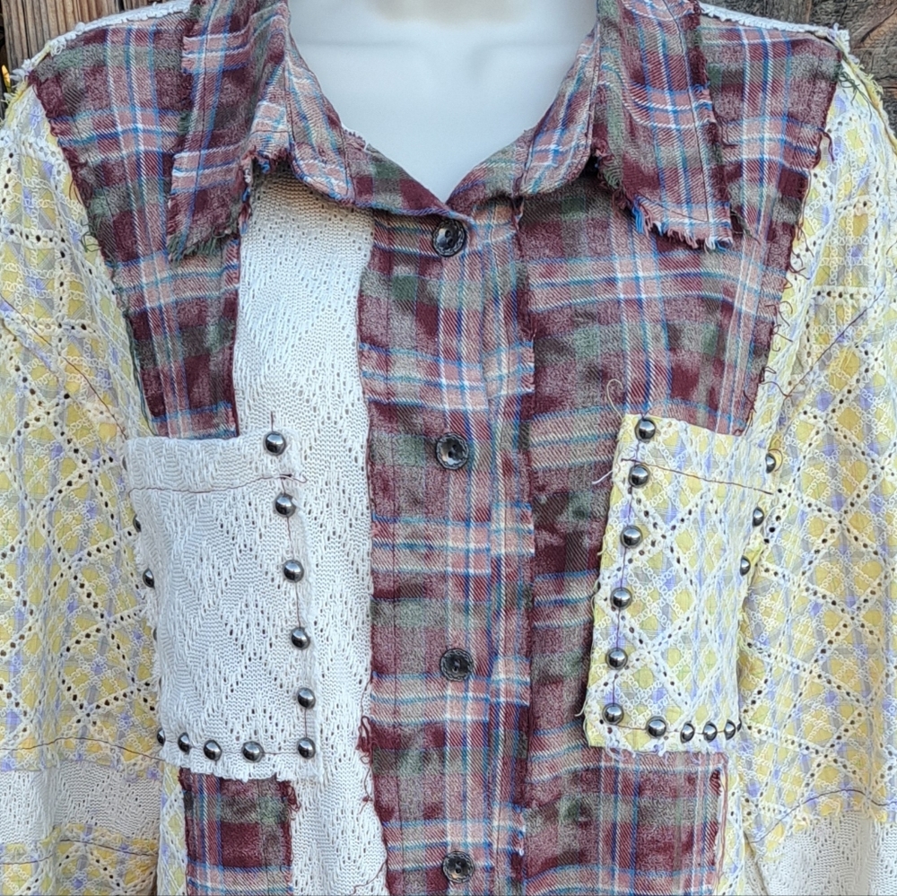 Pol Patchwork Plaid Lace Studded Shacket Oversize… - image 3
